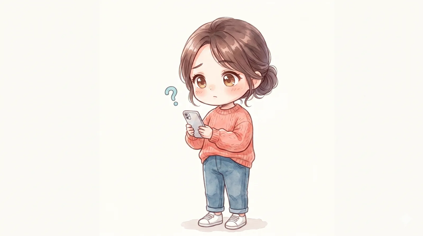 2頭身のマミがスマホを見て、そっけない返信に「あれ?」と小首をかしげる様子のイラスト