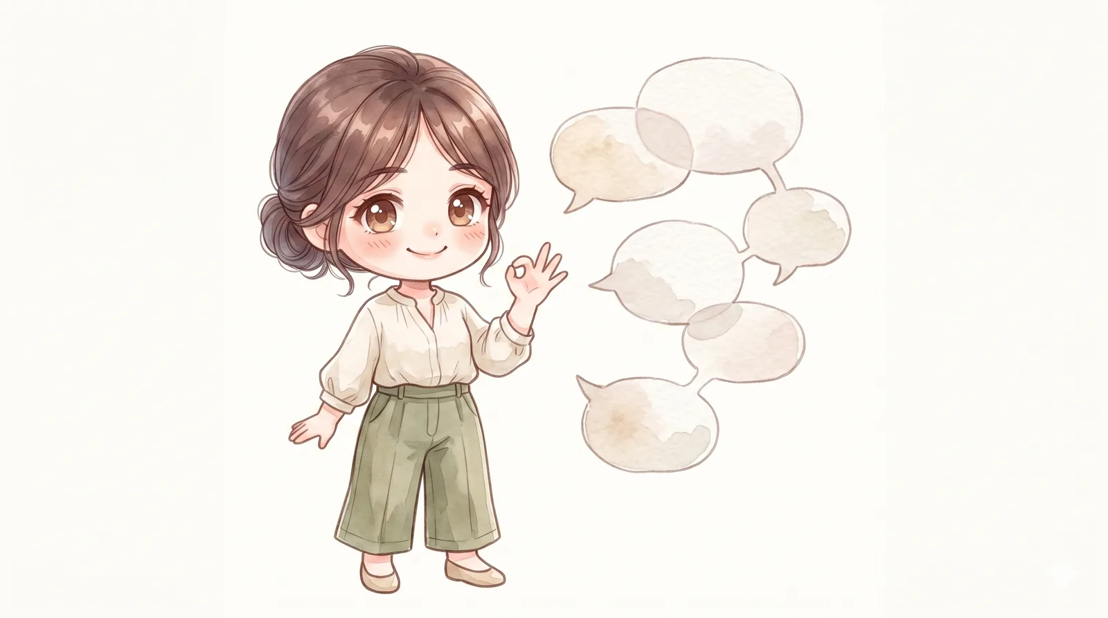2頭身のマミが連なる吹き出しを背に、順調なやり取りに指でOKを見せる様子のイラスト