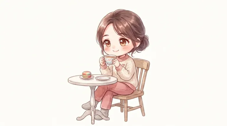 2頭身のマミが小さなカフェテーブルでティーカップを持ち、初デートを楽しんでいる様子のイラスト