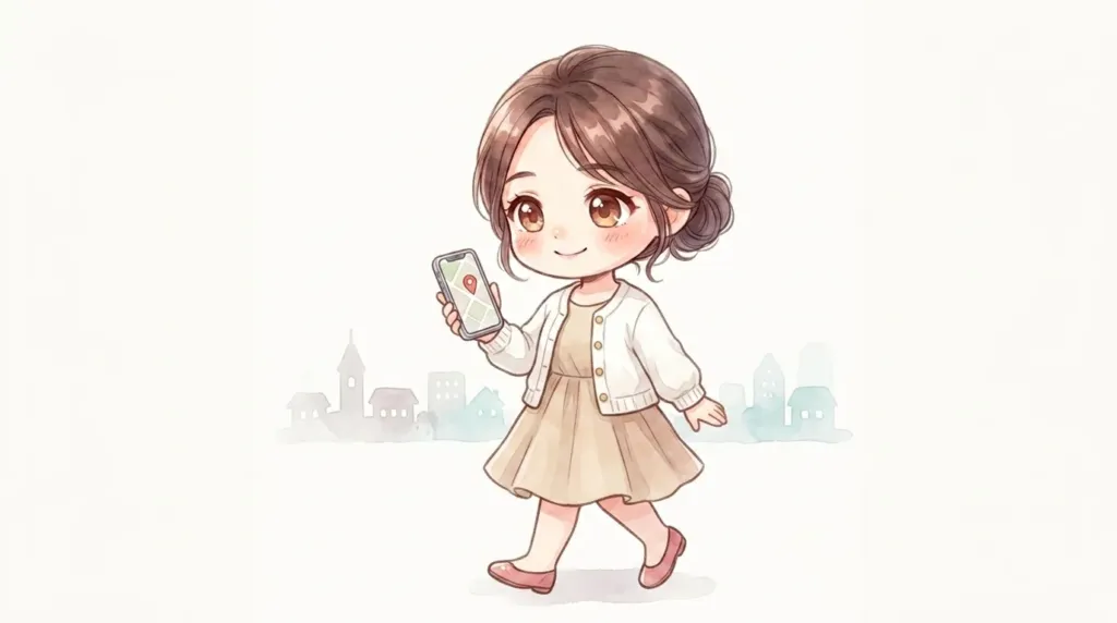 2頭身のマミがスマホの地図を見ながら、街中で初デートのお店を探して歩く様子のイラスト