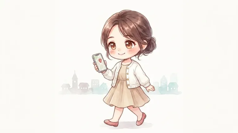2頭身のマミがスマホの地図を見ながら、街中で初デートのお店を探して歩く様子のイラスト