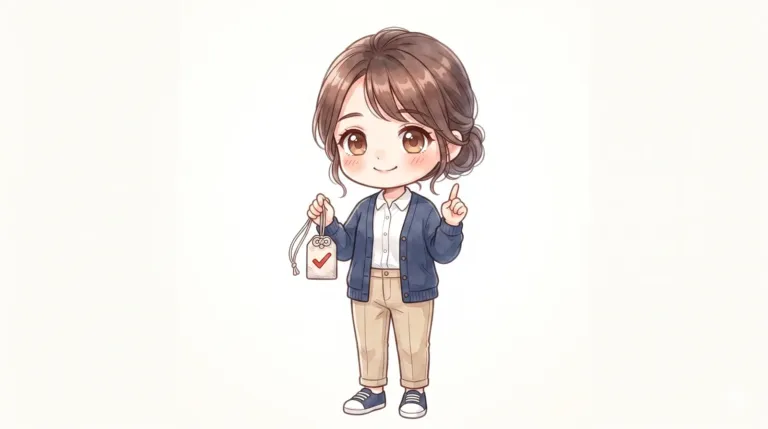 2頭身のマミが小さなお守り（チェックマーク）を持ち、優しく注意を促す様子のイラスト