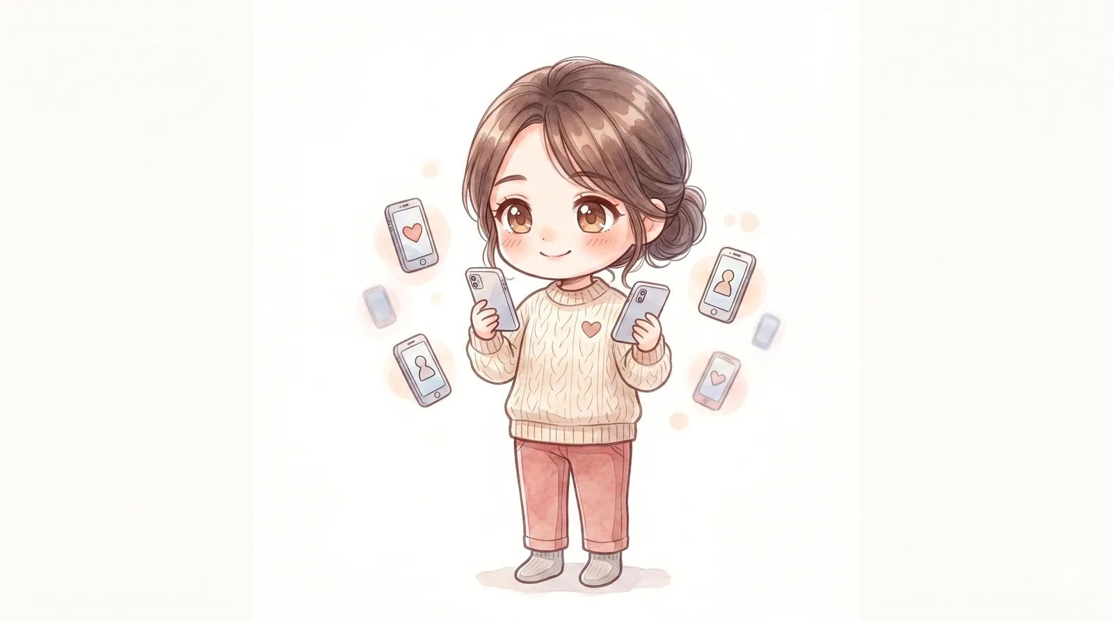 2頭身のマミが複数の小さなスマホを並べ、真剣に4つのアプリを使い比べている様子のイラスト