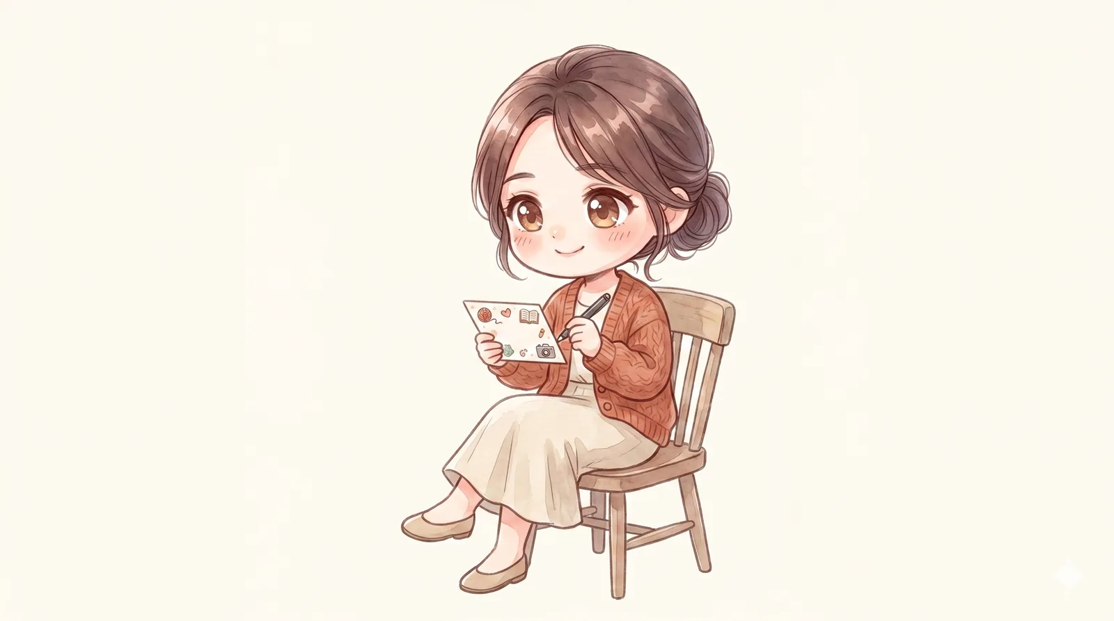 2頭身のマミが趣味カードにペンで具体的な一言を書き足し、にっこりする様子のイラスト