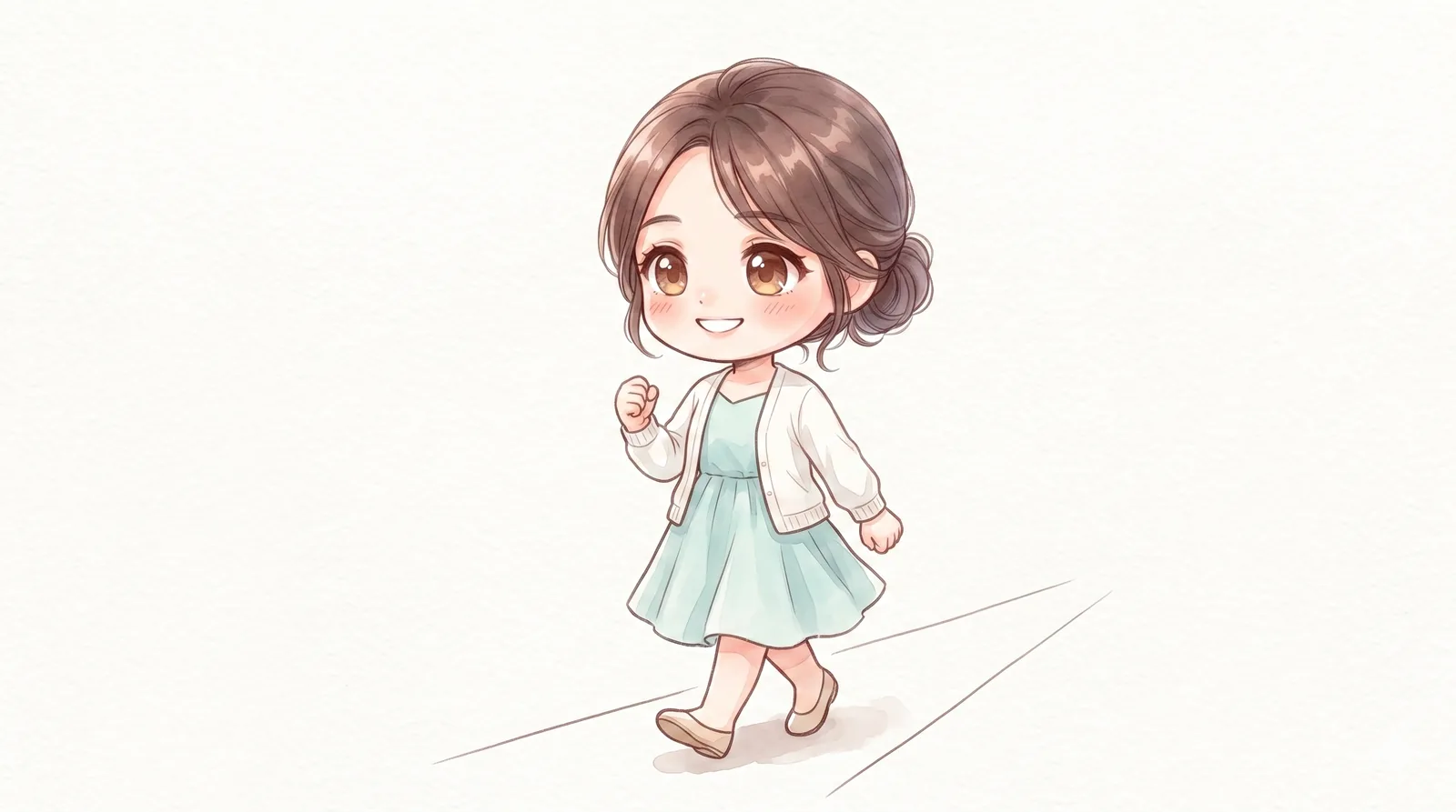 2頭身のマミが、自分で選んだ道へ前向きに一歩を踏み出す様子のイラスト