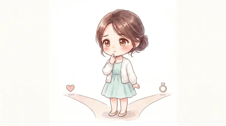 2頭身のマミが左右に分かれた2つの道の前で、どちらへ進むか考えている様子のイラスト