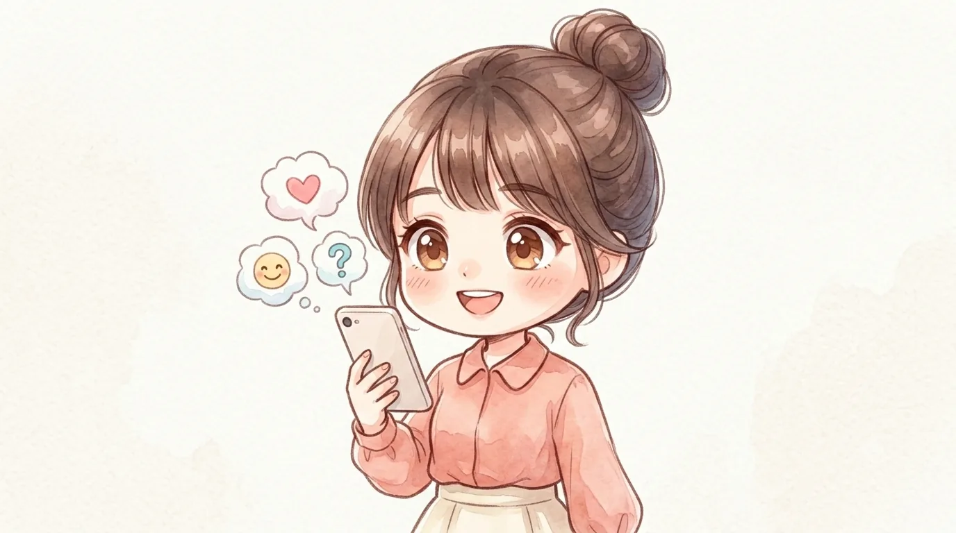 2頭身のマミがスマホ画面に並ぶ質問やハートの吹き出しを見て、嬉しそうに気づく様子のイラスト