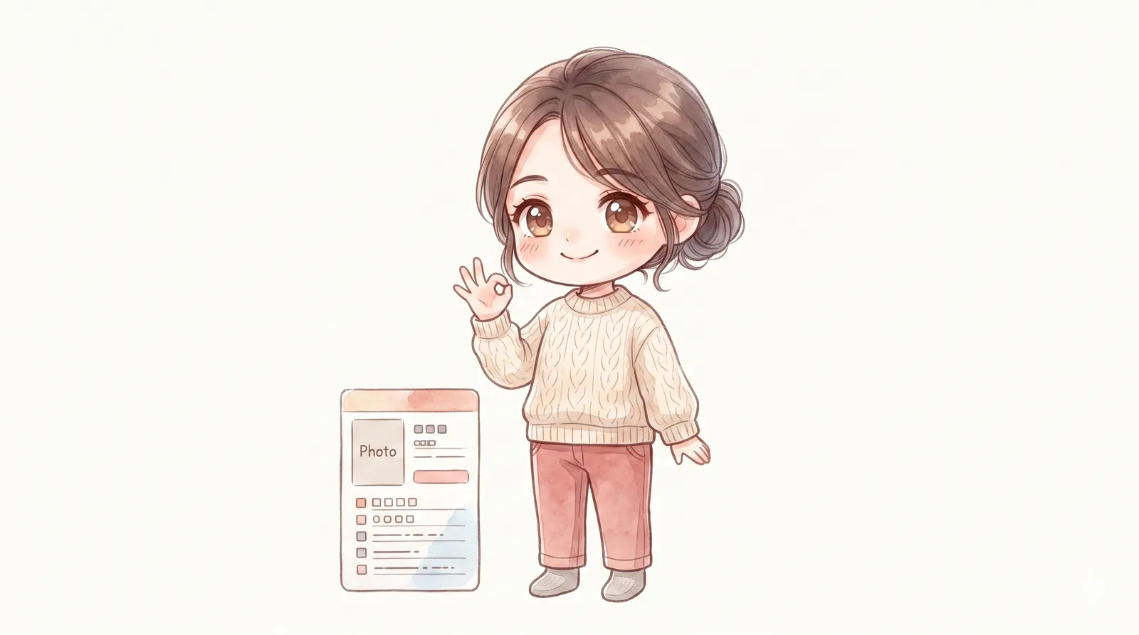 2頭身のマミが整ったプロフィールカードの横で、誇らしげにOKサインをしている様子のイラスト