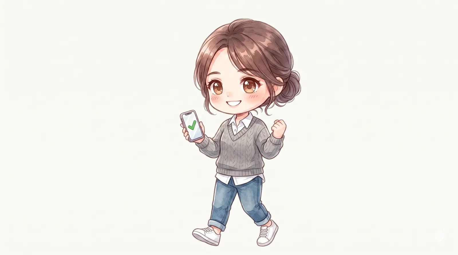 2頭身のマミがチェックマークのついたスマホを手に、前向きに一歩踏み出す様子のイラスト