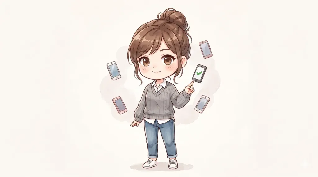2頭身のマミが複数の小さなスマホから、チェックマークのついた安全な1つを選ぶ様子のイラスト