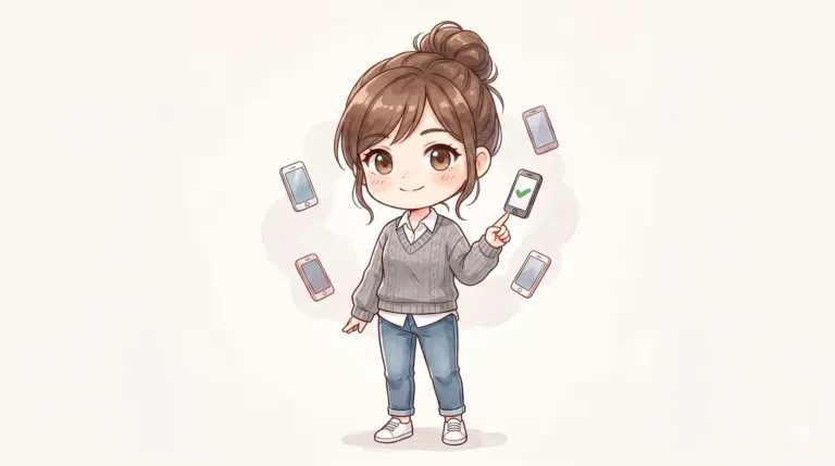 2頭身のマミが複数の小さなスマホから、チェックマークのついた安全な1つを選ぶ様子のイラスト
