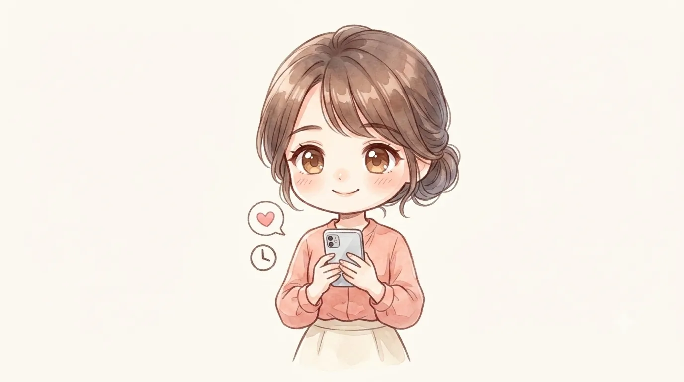 2頭身のマミがスマホでお礼と次の誘いのメッセージを送り、横に小さな時計が浮かぶ様子のイラスト