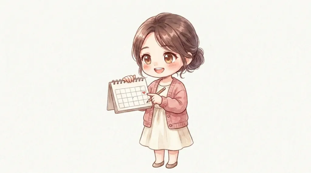 2頭身のマミが小さなカレンダーの日付を指さし、2回目の約束にわくわくする様子のイラスト