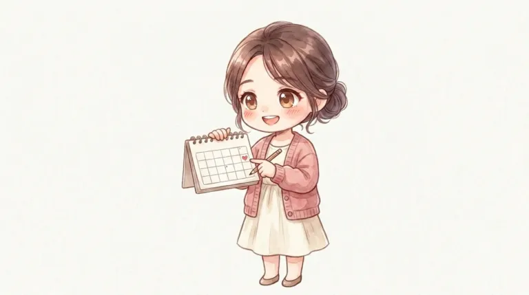 2頭身のマミが小さなカレンダーの日付を指さし、2回目の約束にわくわくする様子のイラスト